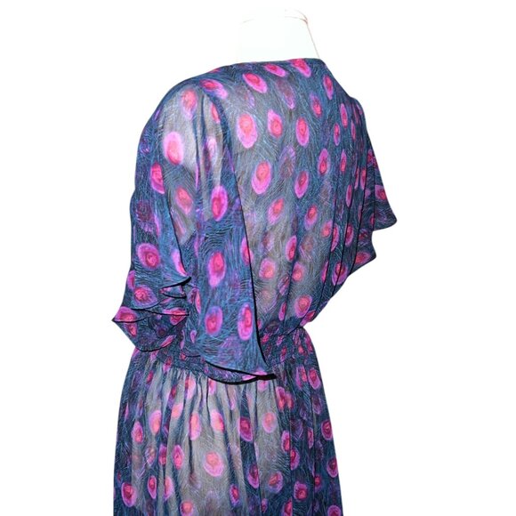 As U Wish Womens Sheer Peacock Feather Print Swim Cover Dress Sz Large V-Neck Fl - Picture 9 of 12